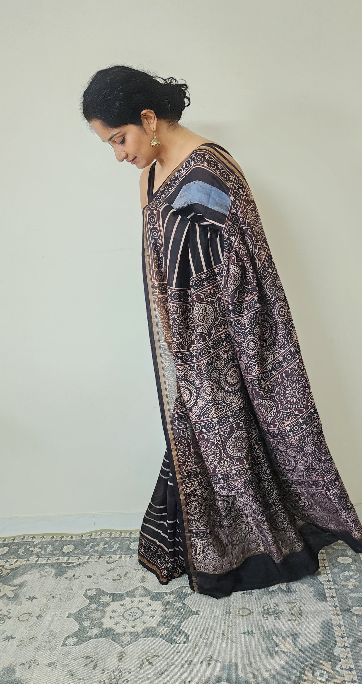 Chanderi Ajrakh saree (Blue and black)