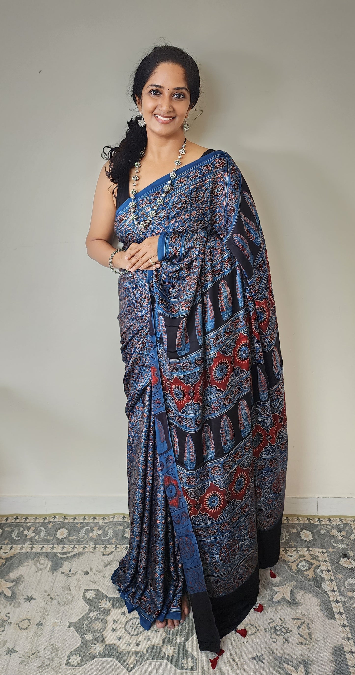 Ajrakh Modal saree (Blue and brick red)