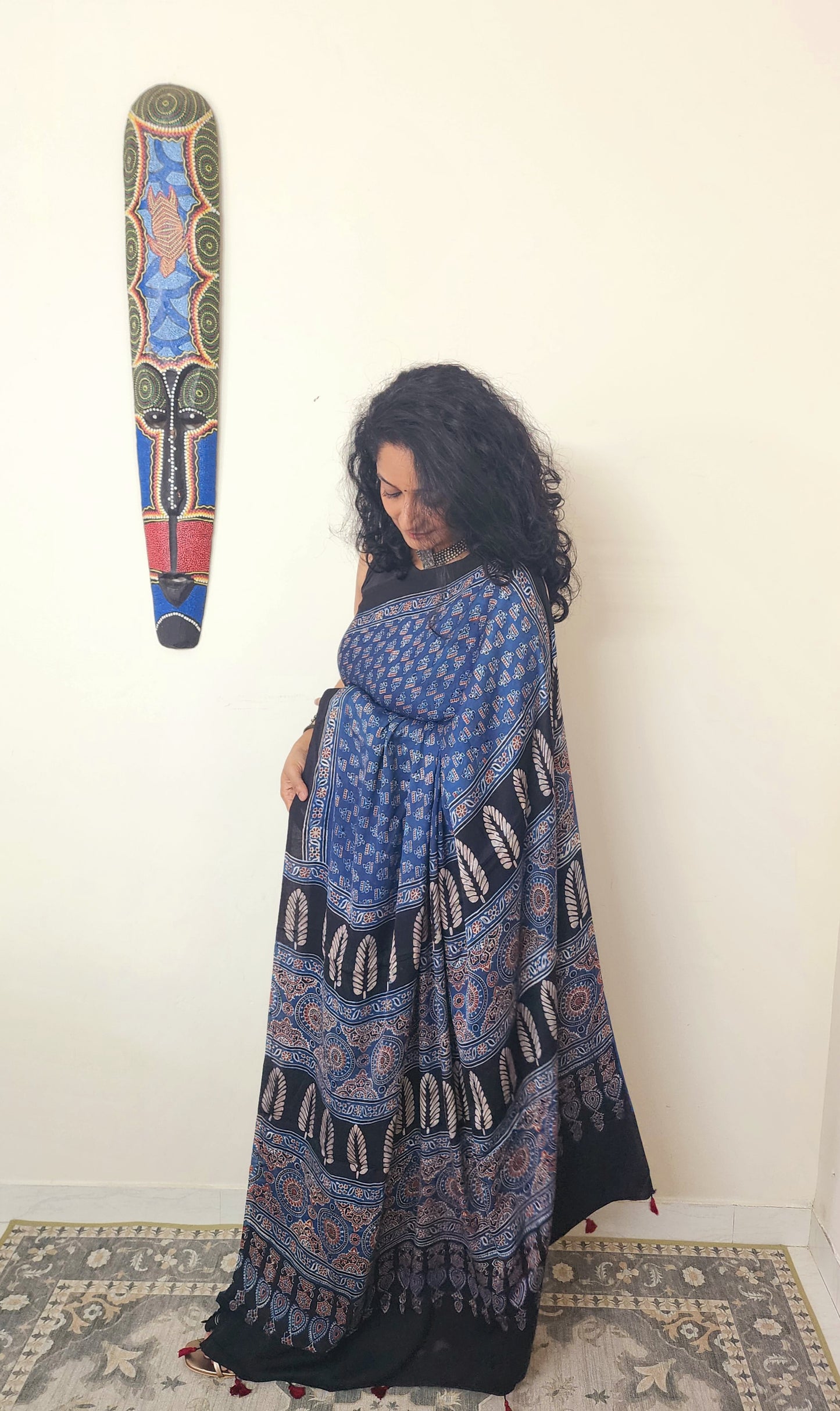 Ajrakh Modal saree (Blue and brick red)