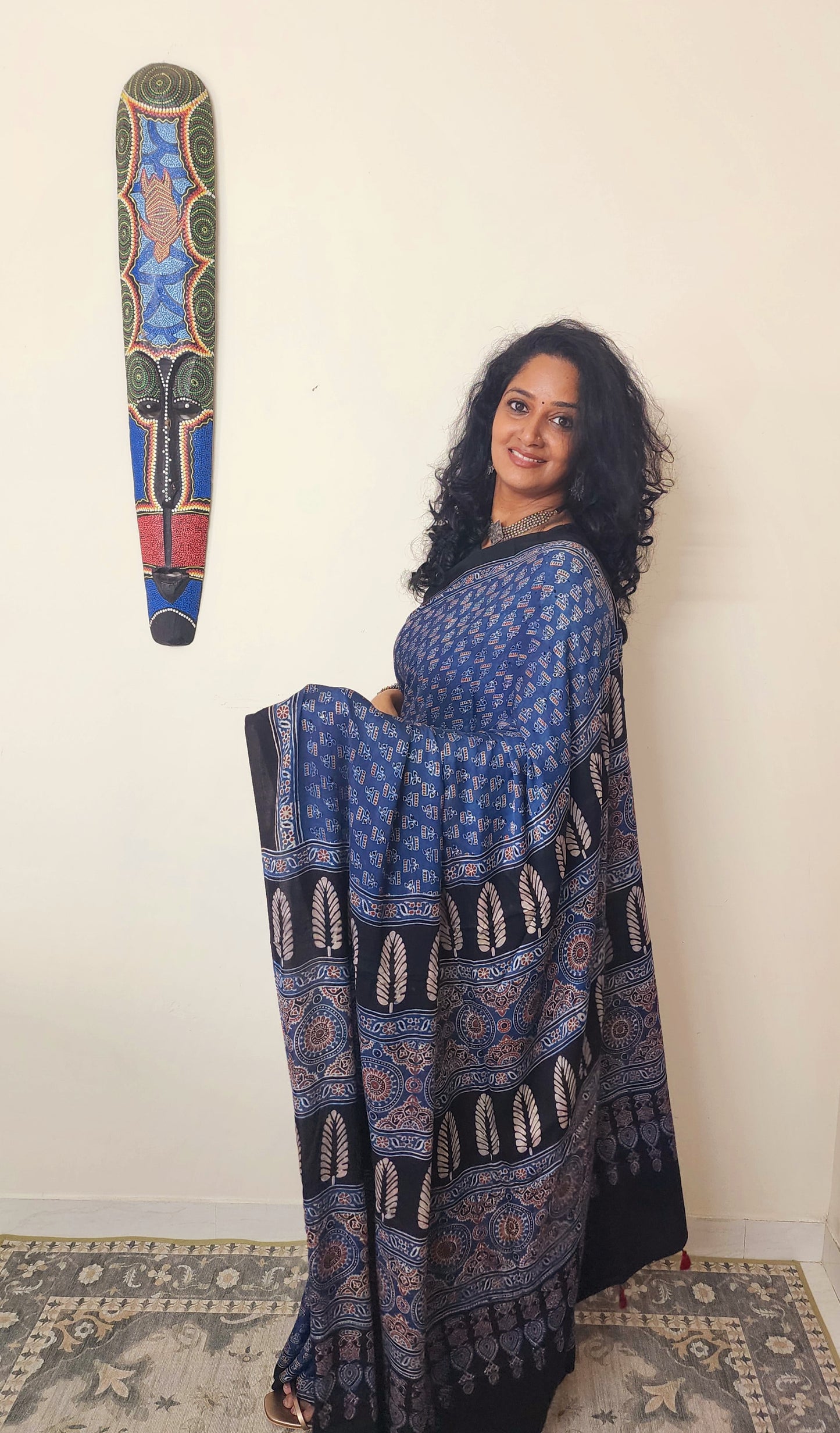 Ajrakh Modal saree (Blue and brick red)