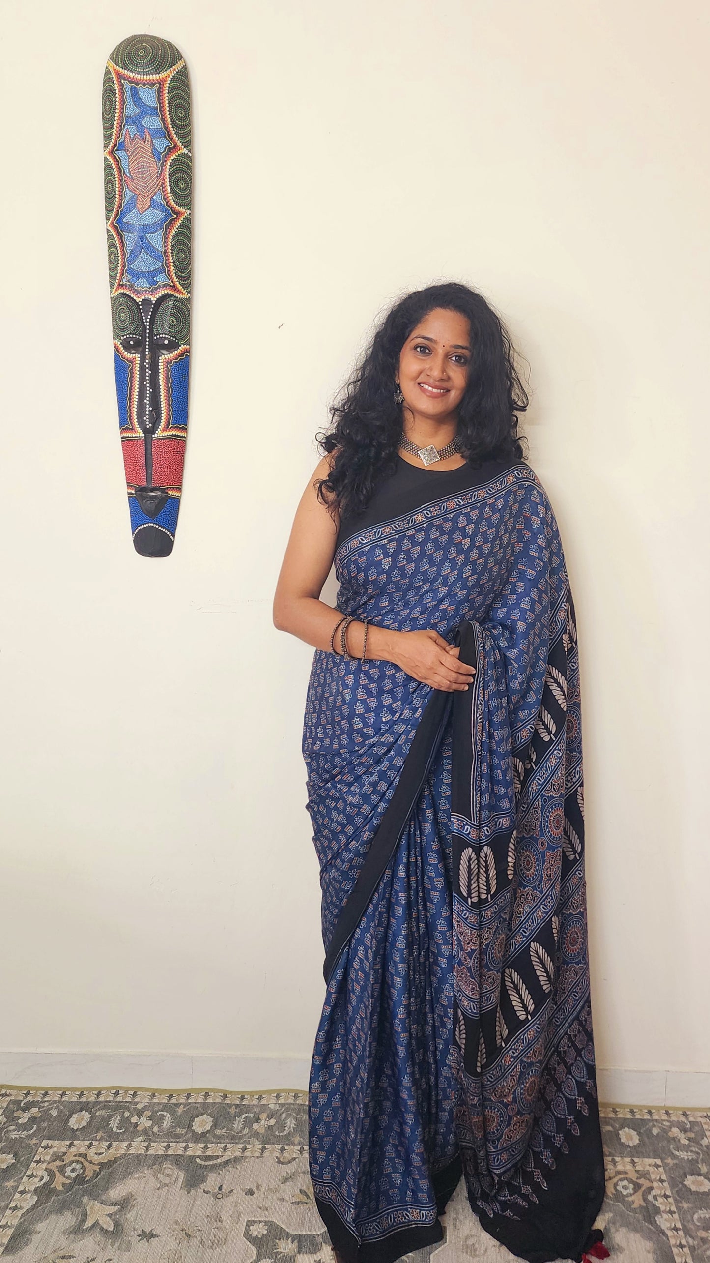 Ajrakh Modal saree (Blue and brick red)