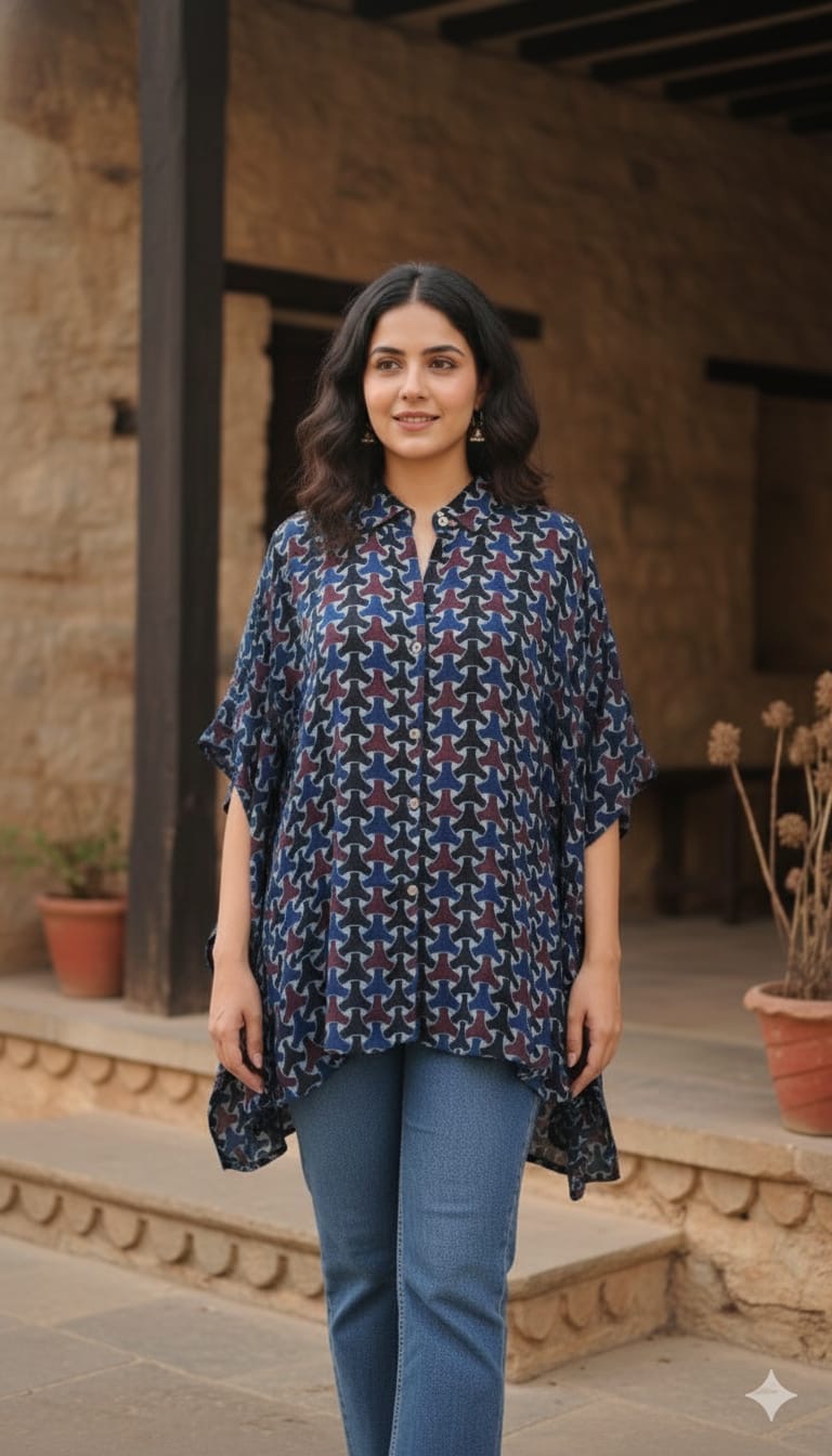Ajrakh Kaftan shirt in modal silk