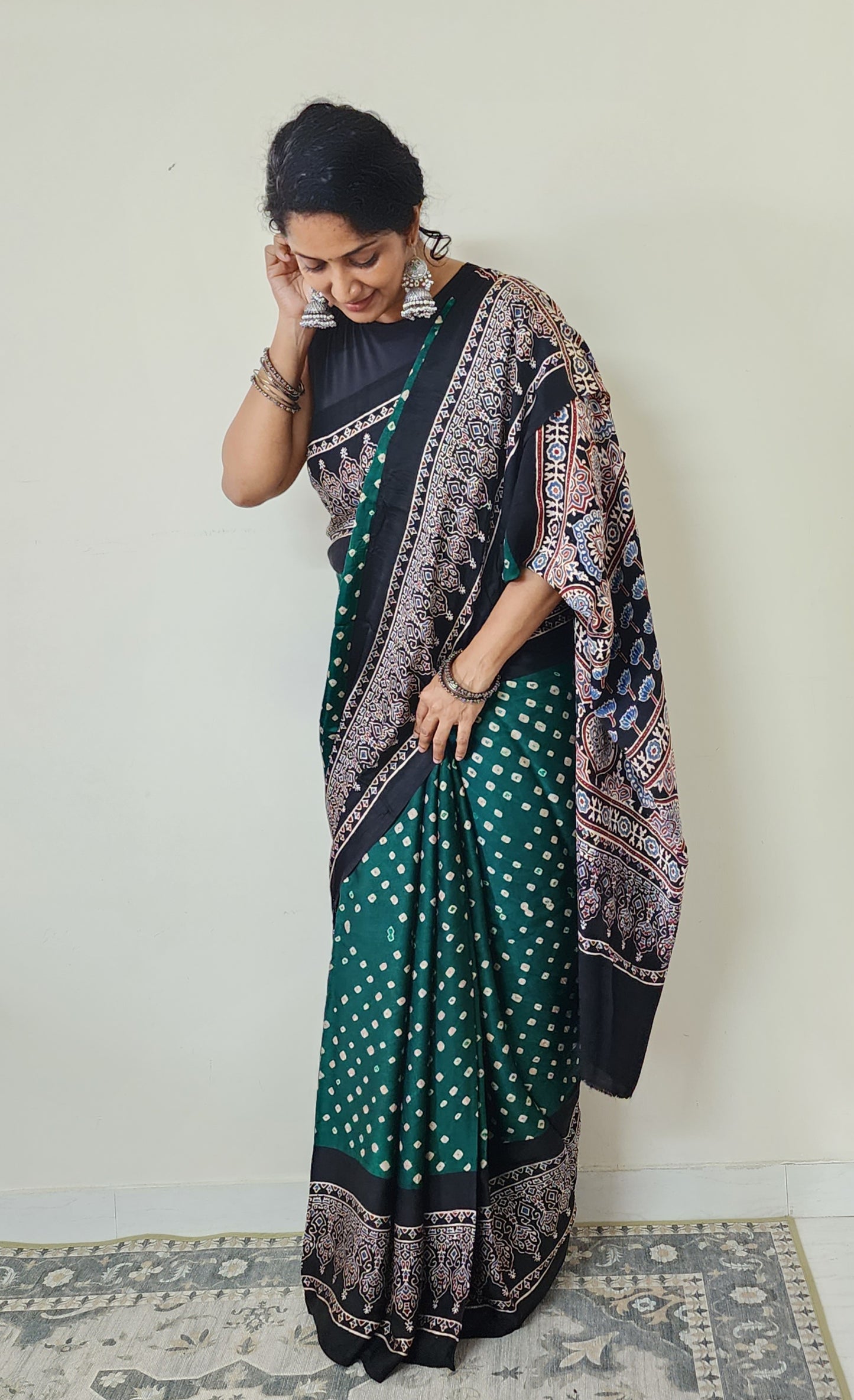 Bandhani Ajrakh saree (Green and black)