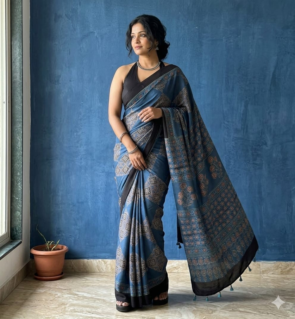 Ajrakh Modal saree (Blue and brick red)