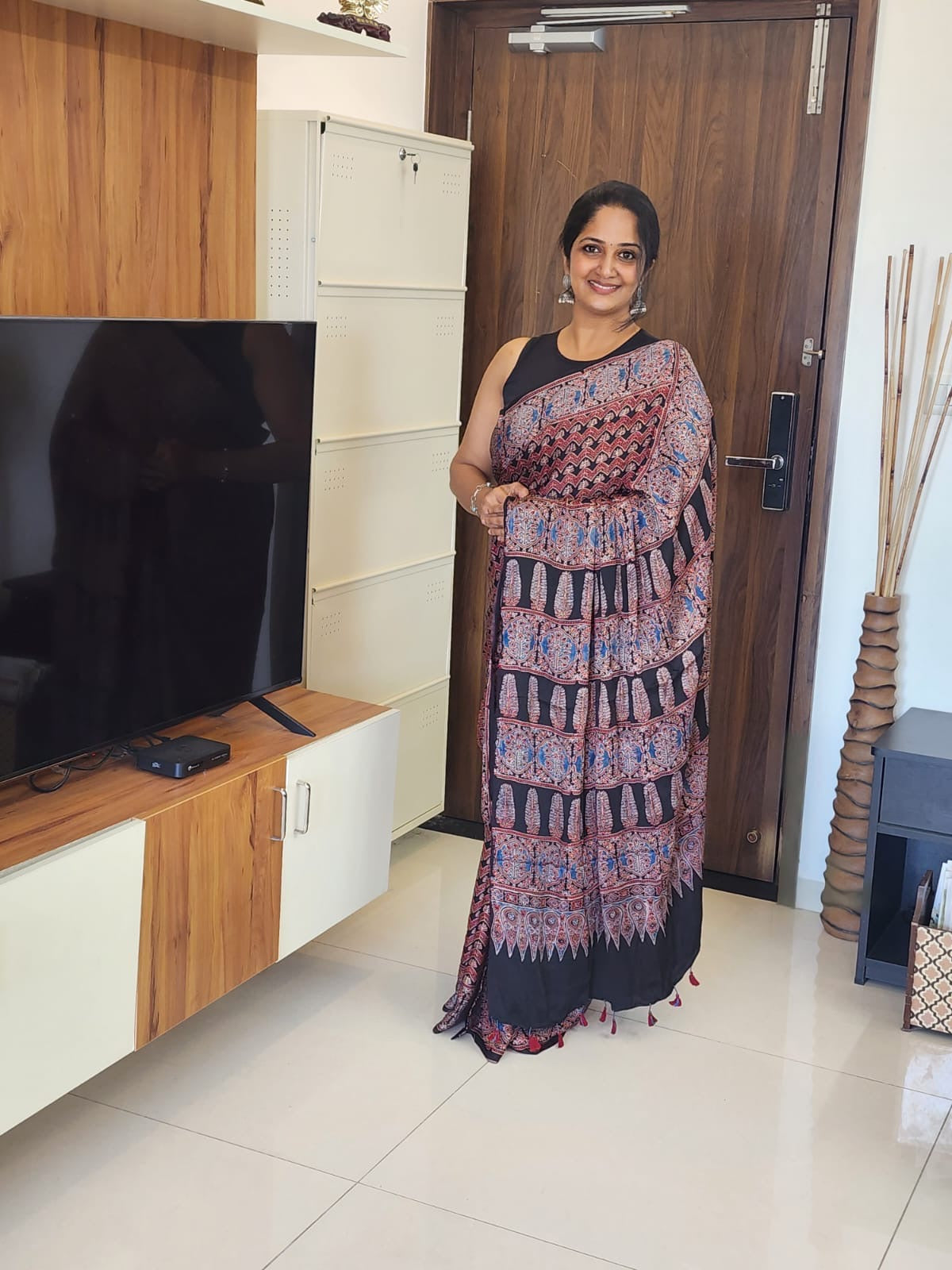 Ajrakh Modal saree (Red) (without blouse)