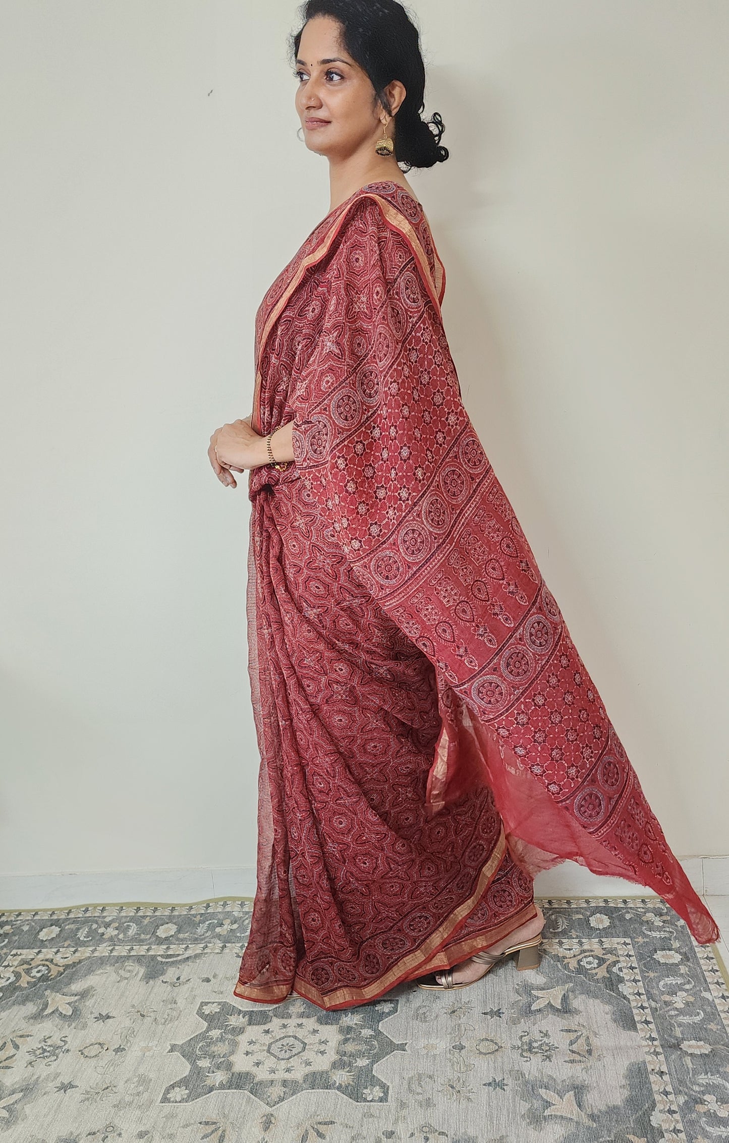 Kota Doria Ajrakh saree (Rusty Red)
