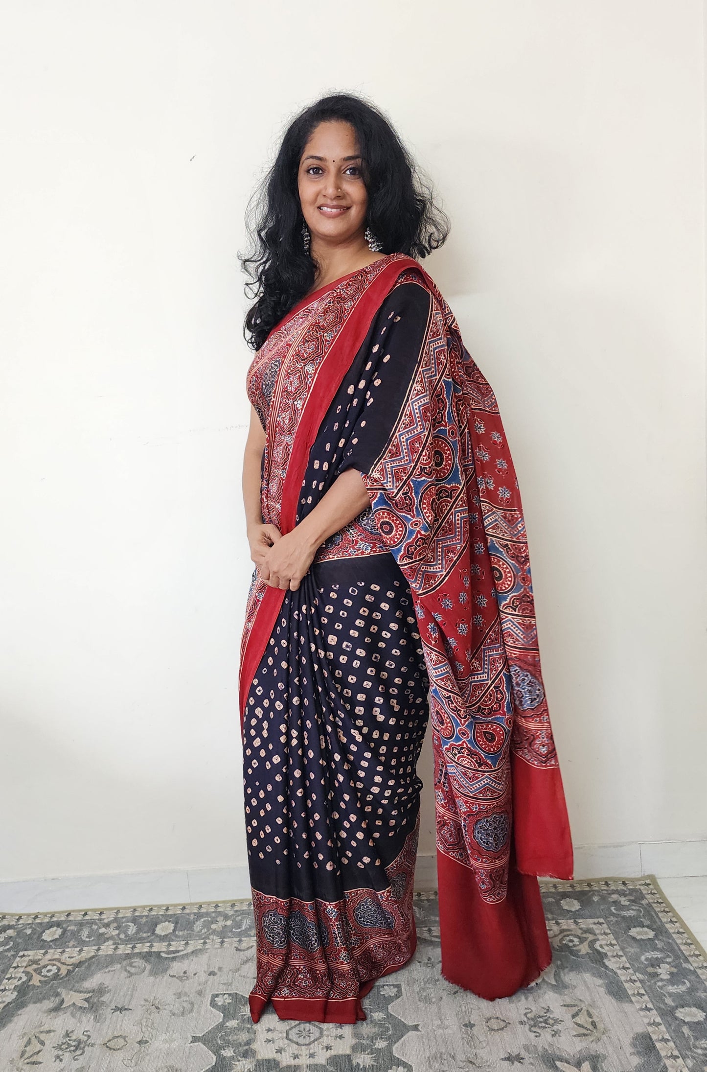 Bandhani Ajrakh saree (Black and red)