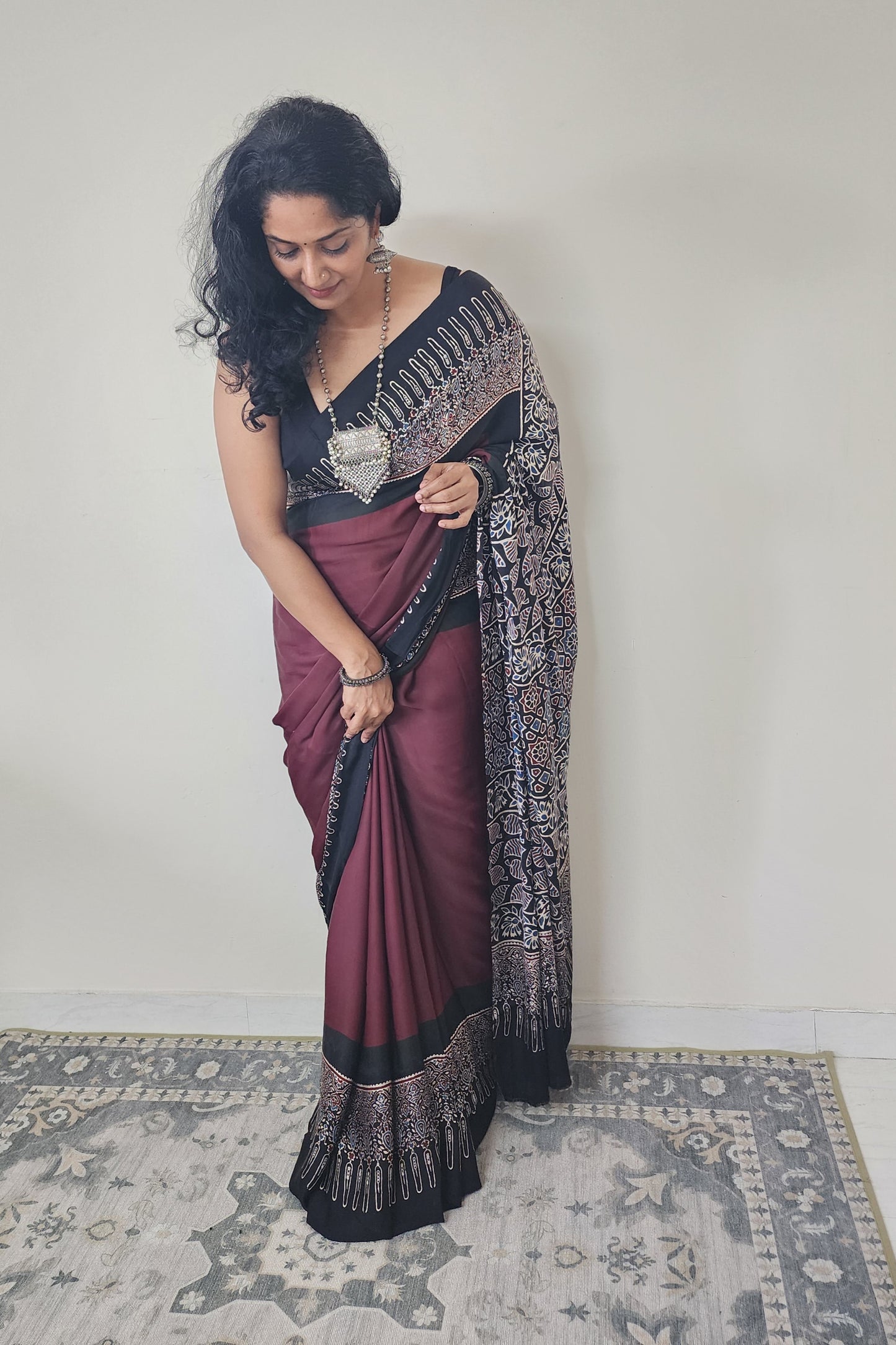 Plain Ajrakh Modal saree (Maroon and Black)