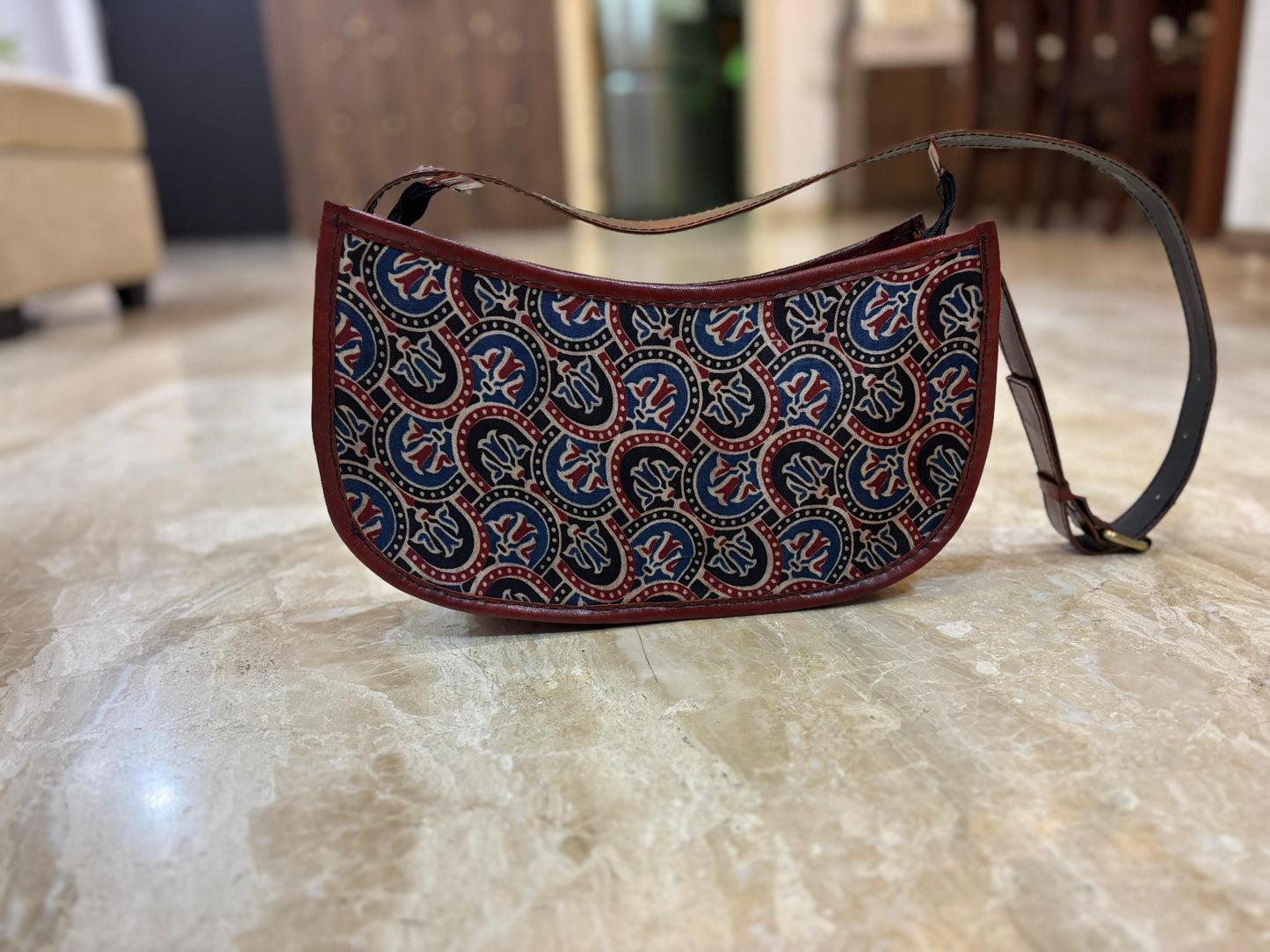 Ajrakh leather sling bag (blue)