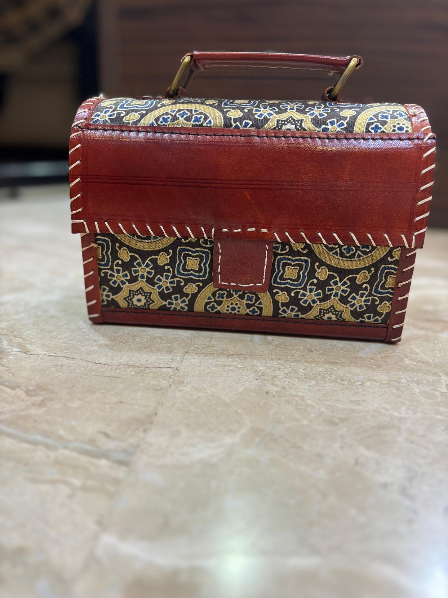 Ajrakh leather sling bag (blue)