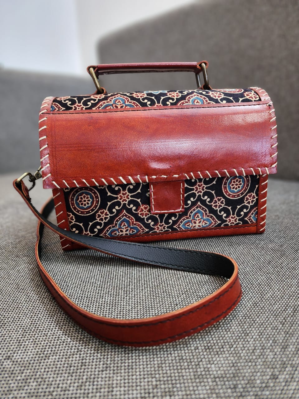 Ajrakh leather sling bag (Black)