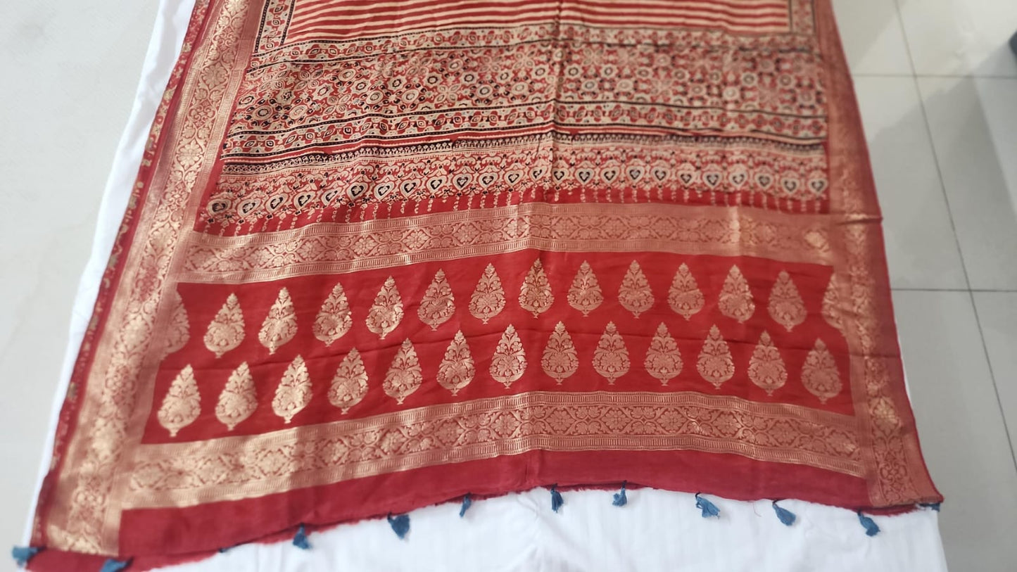 Ajrakh saree in dola silk (red)
