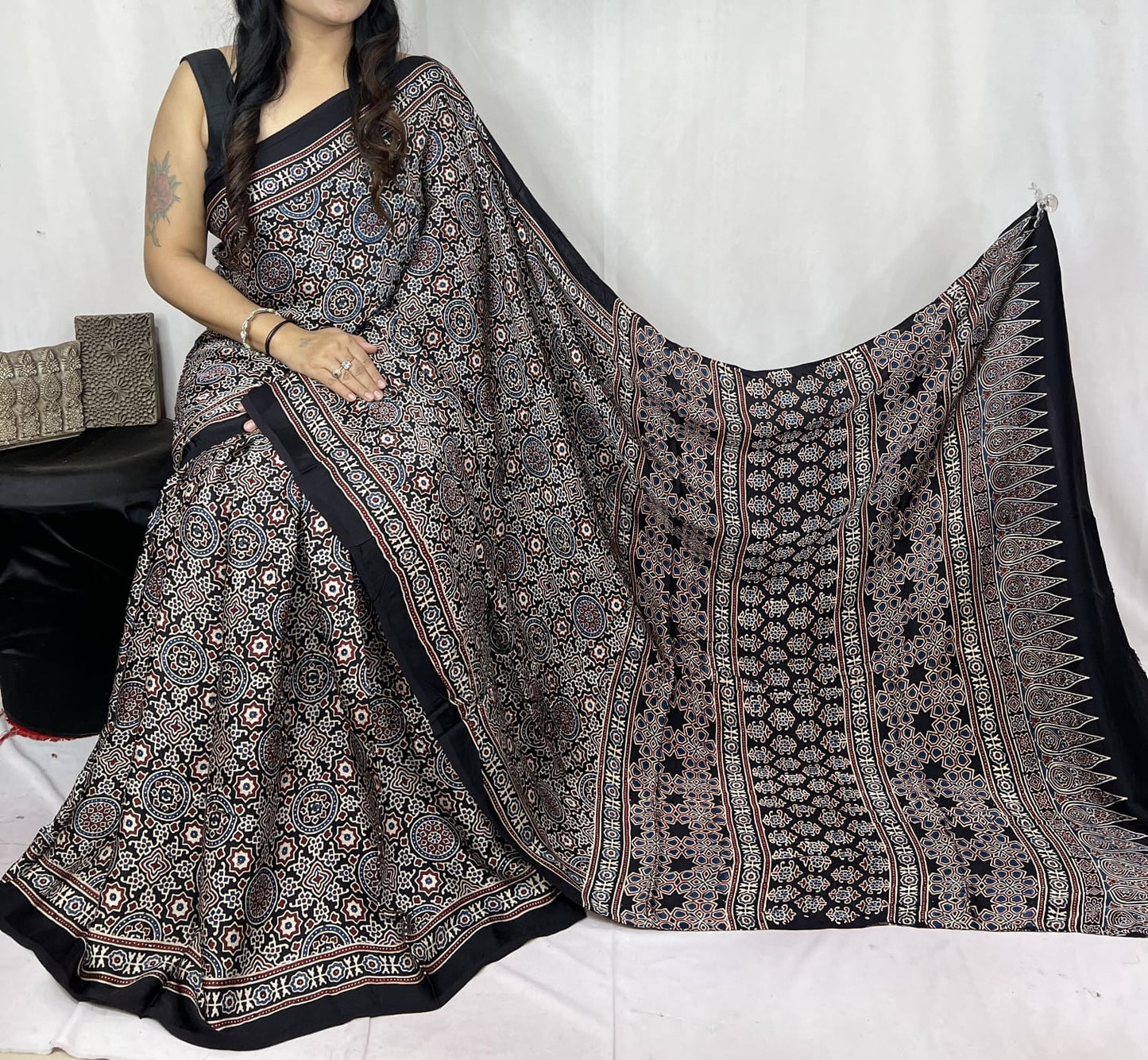Ajrakh Modal saree (Black)