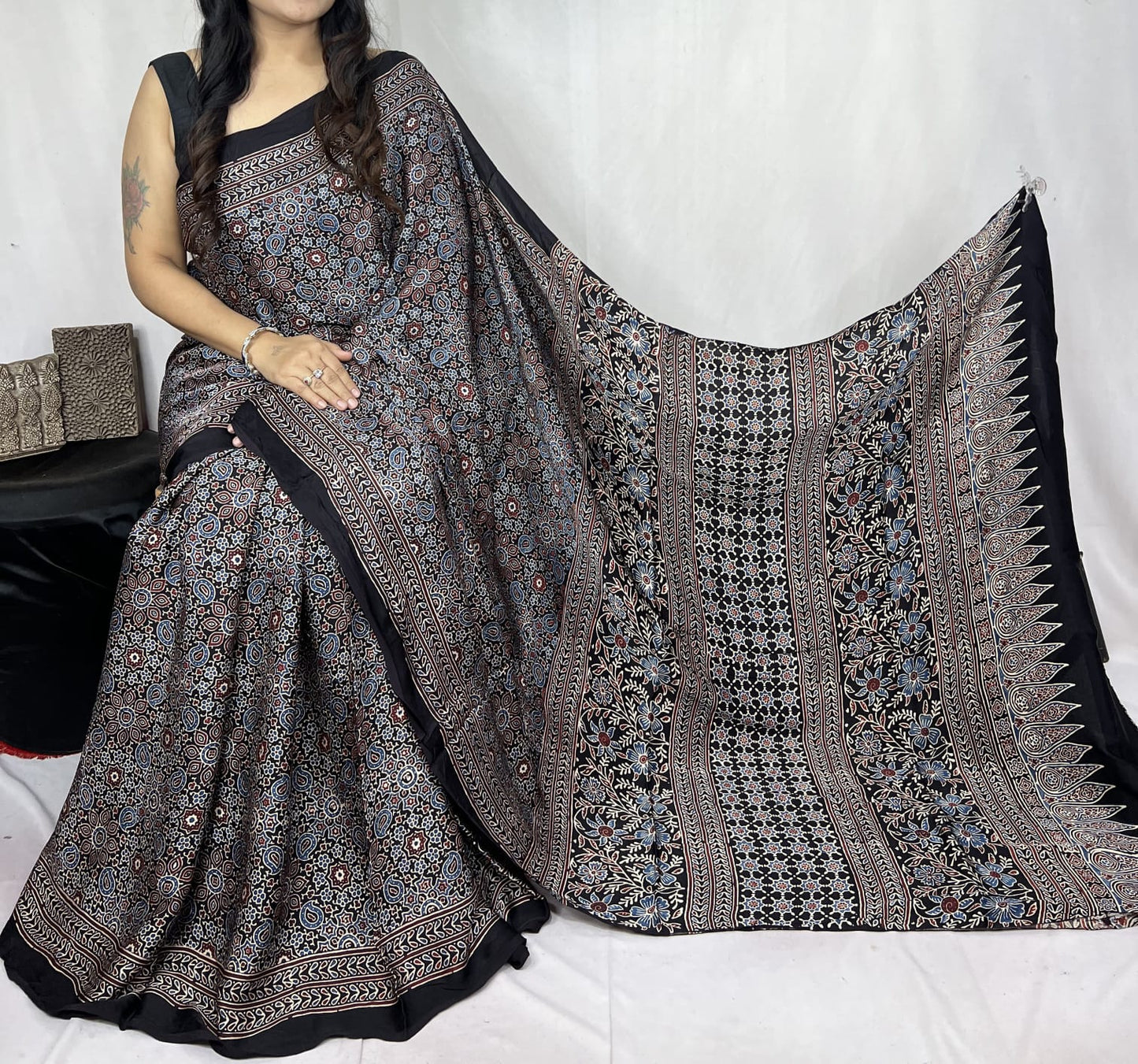 Ajrakh Modal saree (Black)