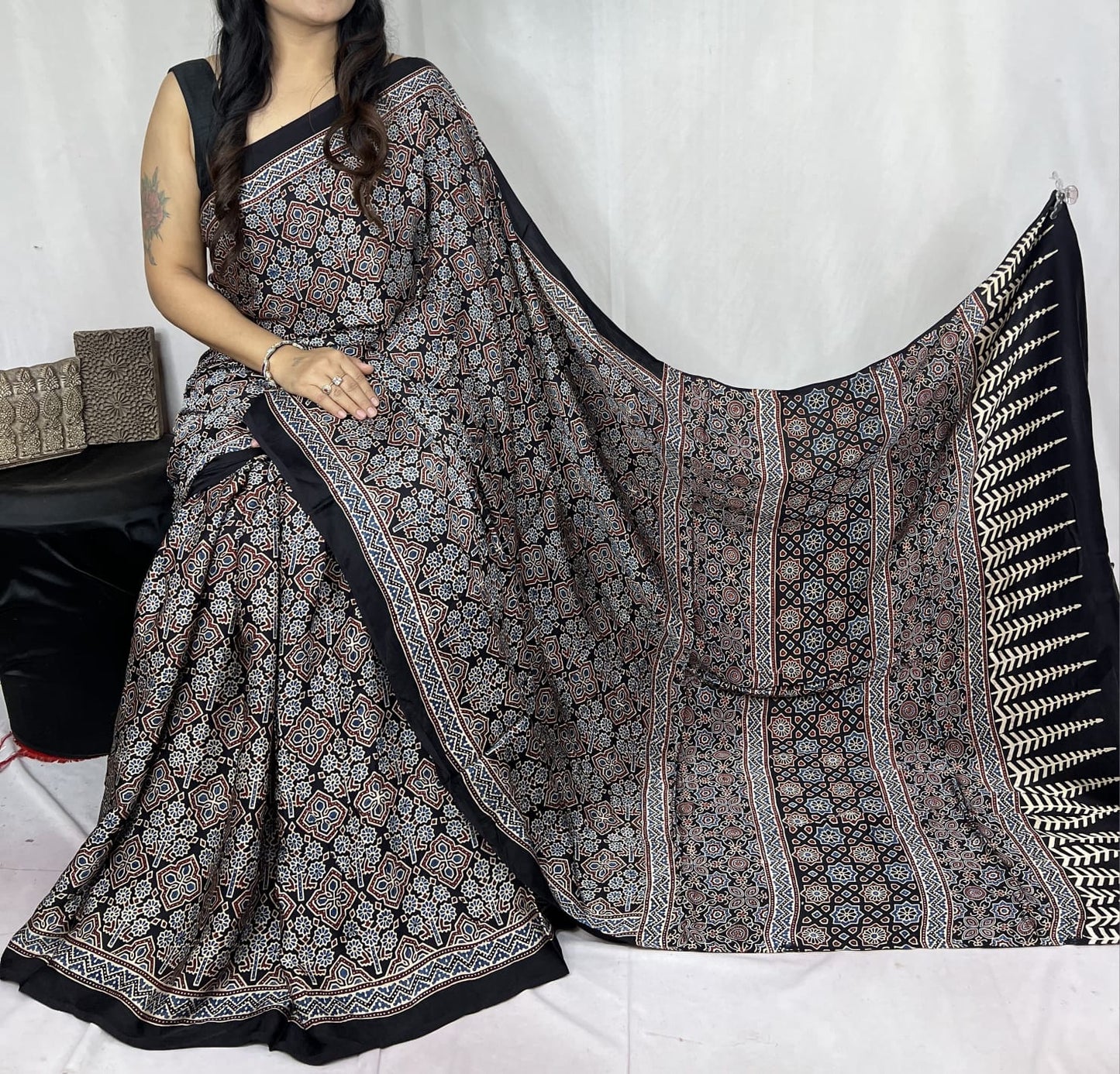 Ajrakh Modal saree (Black)
