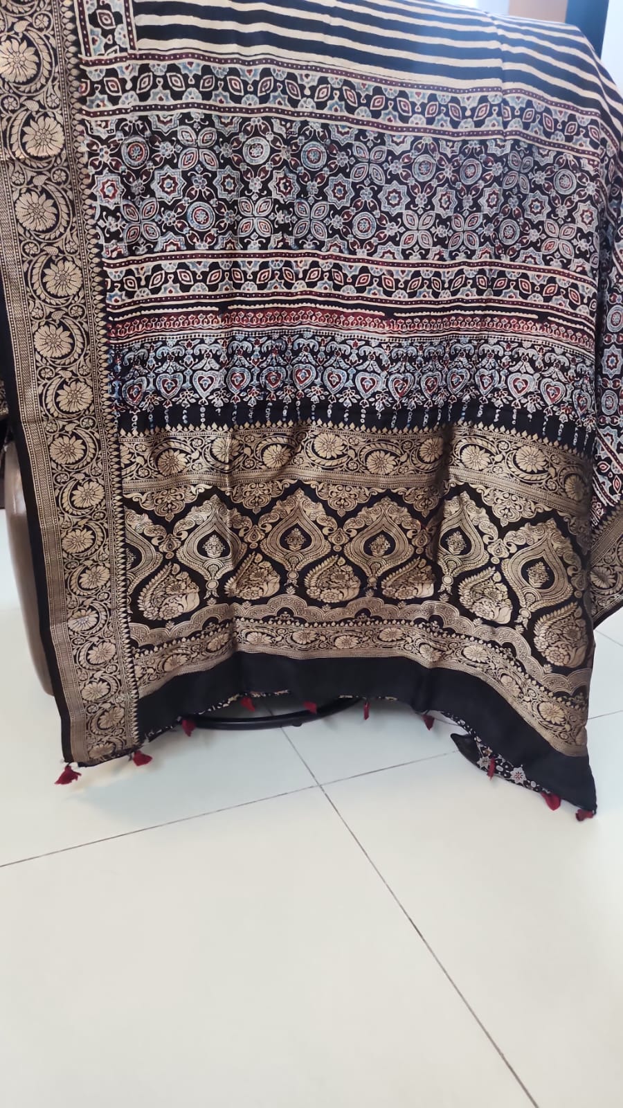 Ajrakh saree in dola silk (black)