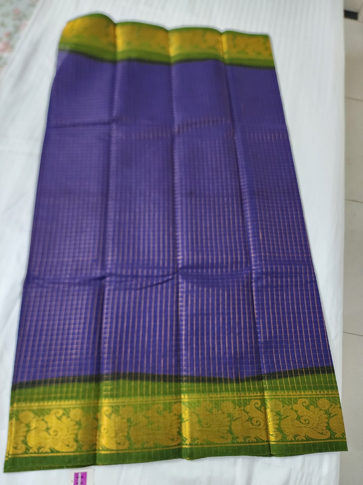 Madurai Sungudi saree (Blue checks with green border) (without blouse)