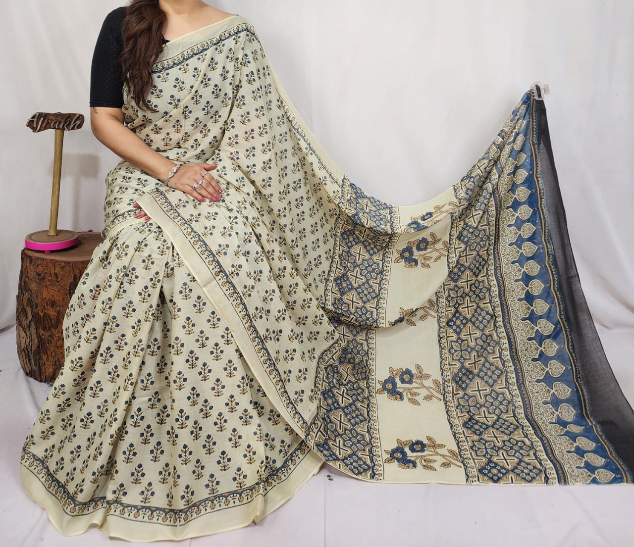 Ajrakh Cotton saree (White)