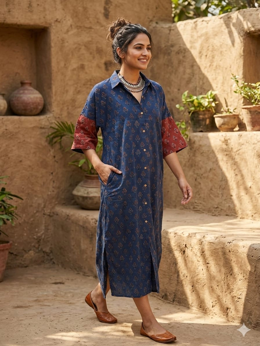 Ajrakh cotton shirt dress