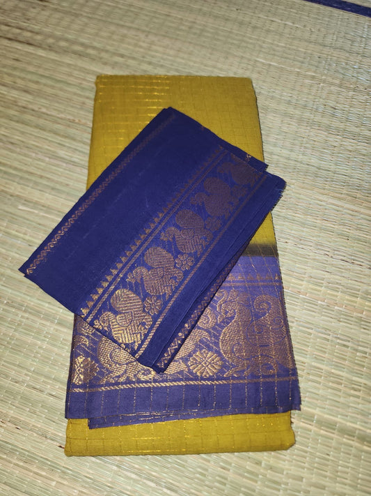 Madurai Sungudi saree (Yellow checks with violet border) (without blouse)