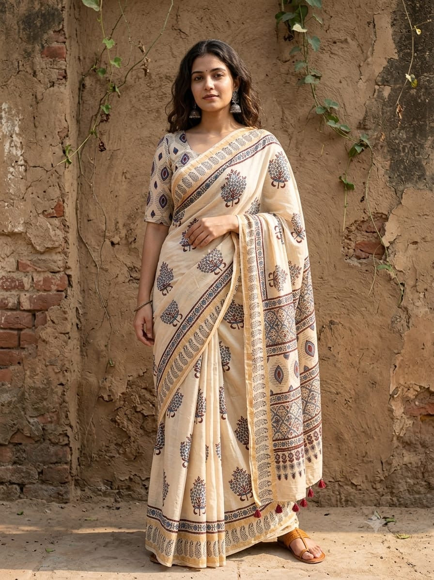 Madurai Cotton Ajrakh saree (Beige)