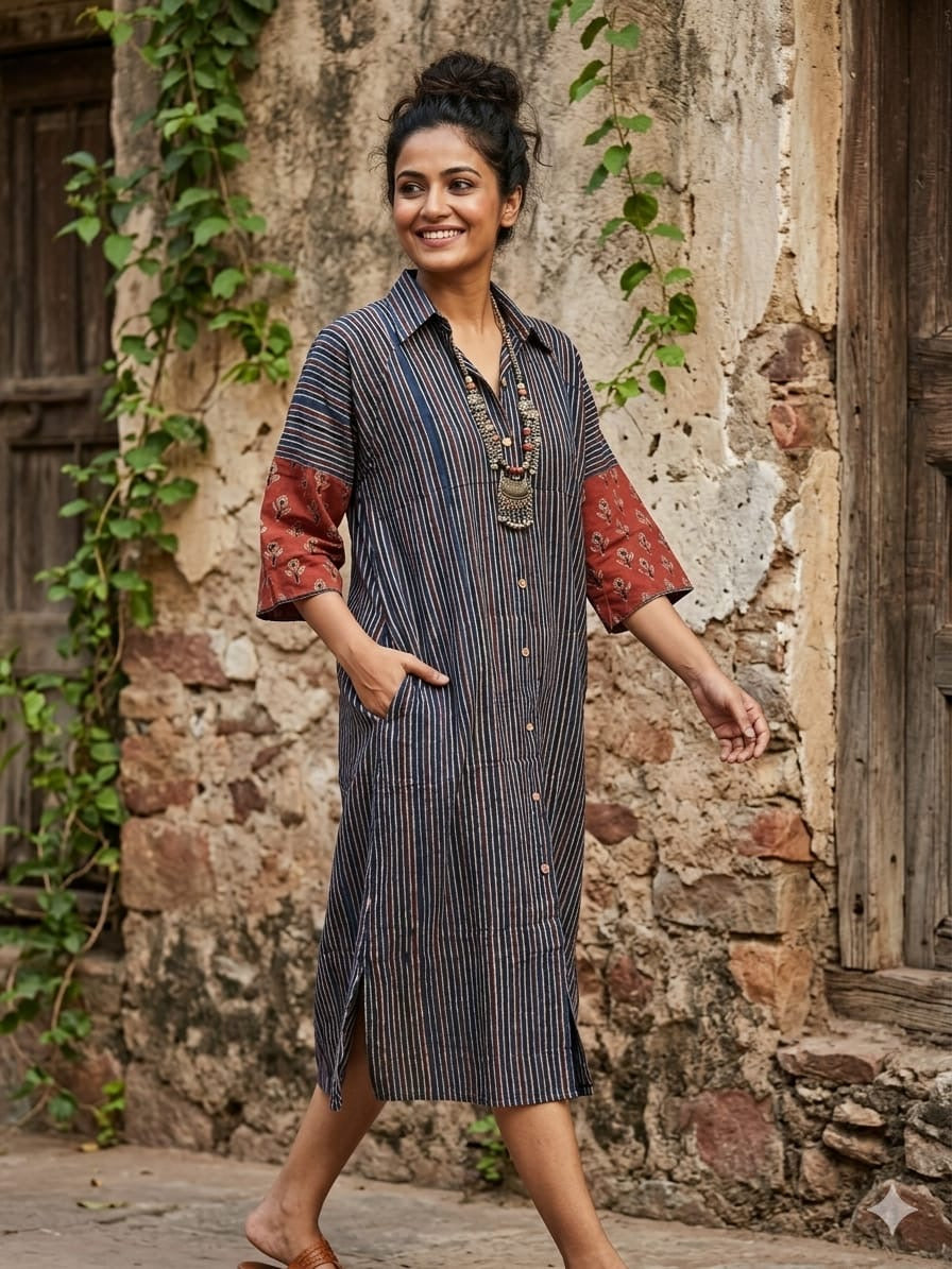 Ajrakh cotton shirt dress