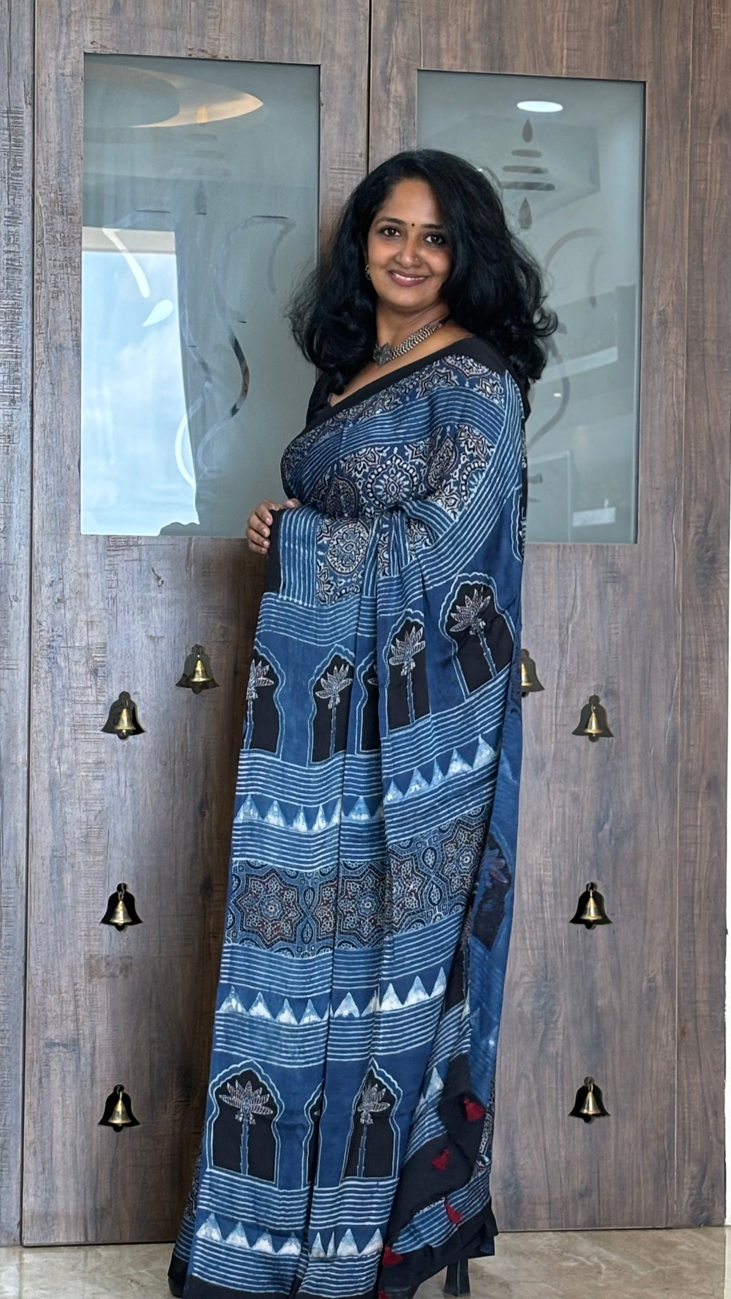 Ajrakh Modal saree (Blue and brick red)