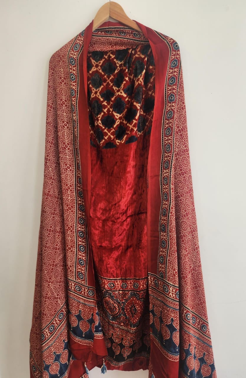 Velvet Ajrakh Modal suit (red) (top fabric + dupatta)