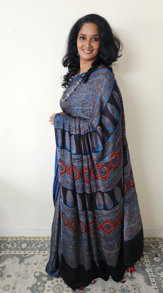 Ajrakh Modal saree (Blue and brick red)