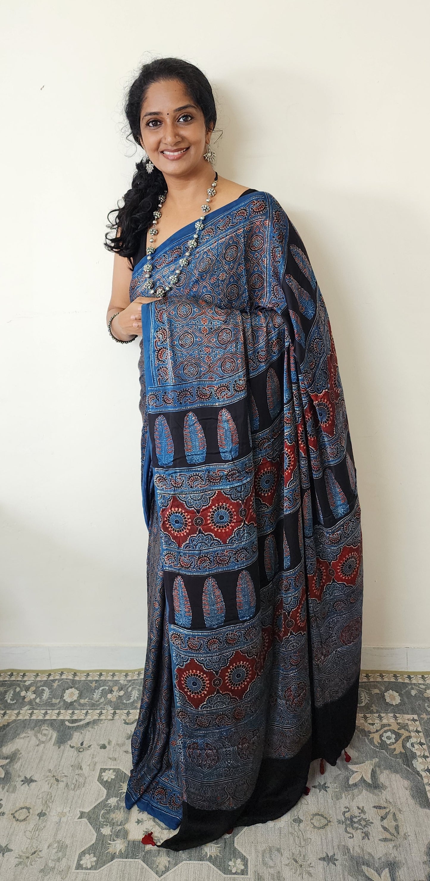 Ajrakh Modal saree (Blue and brick red)