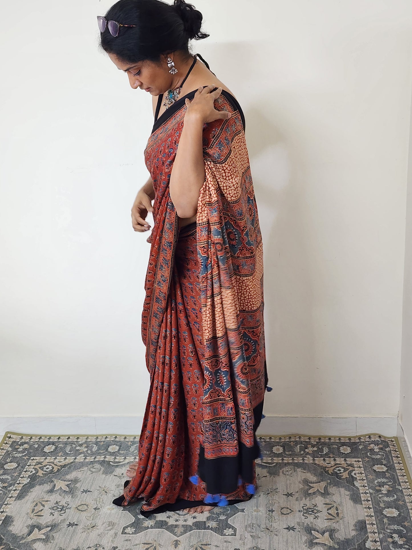 Ajrakh Modal saree (Brick red)