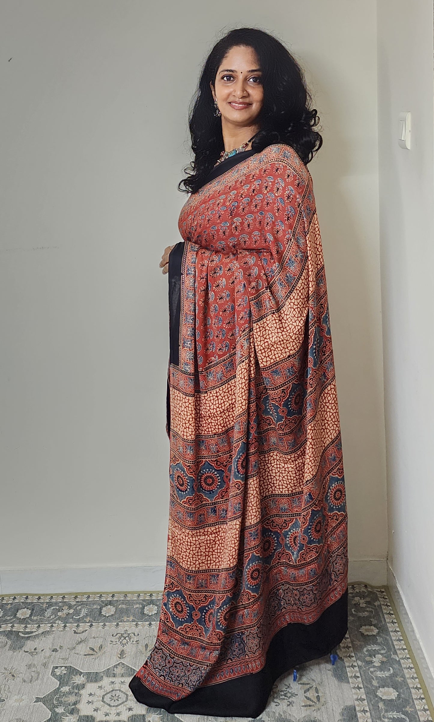 Ajrakh Modal saree (Brick red)