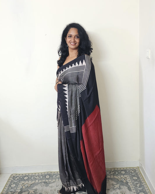 Ajrakh Modal Fusion saree (Black)