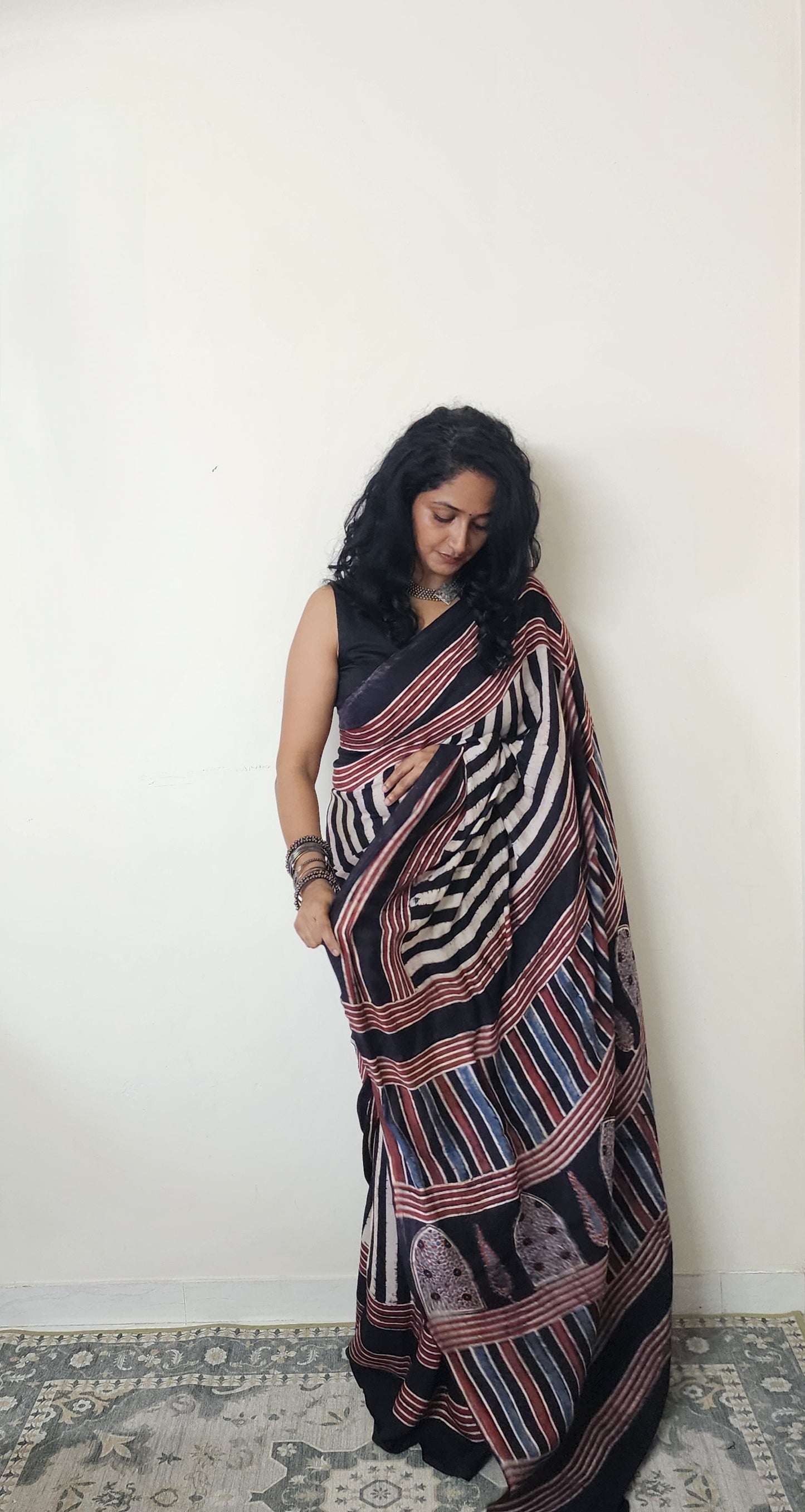 Ajrakh Modal Fusion saree (Black)