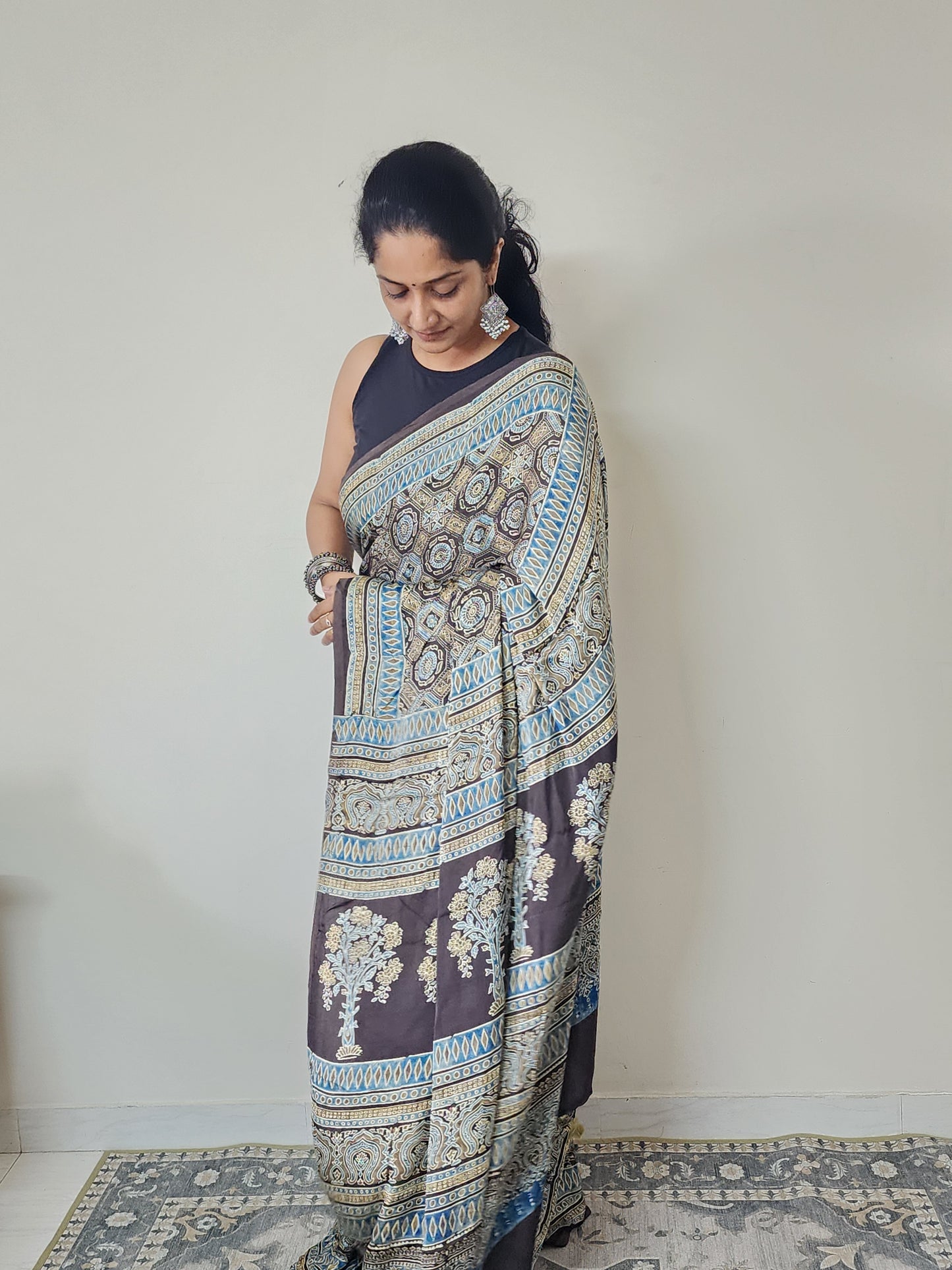 Ajrakh Modal saree (Brown and pale yellow)