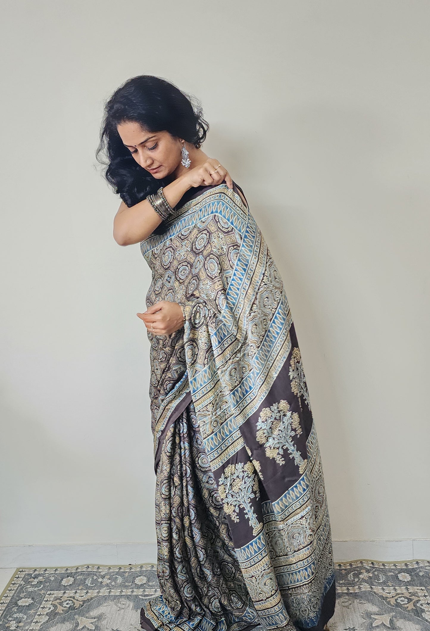 Ajrakh Modal saree (Brown and pale yellow)