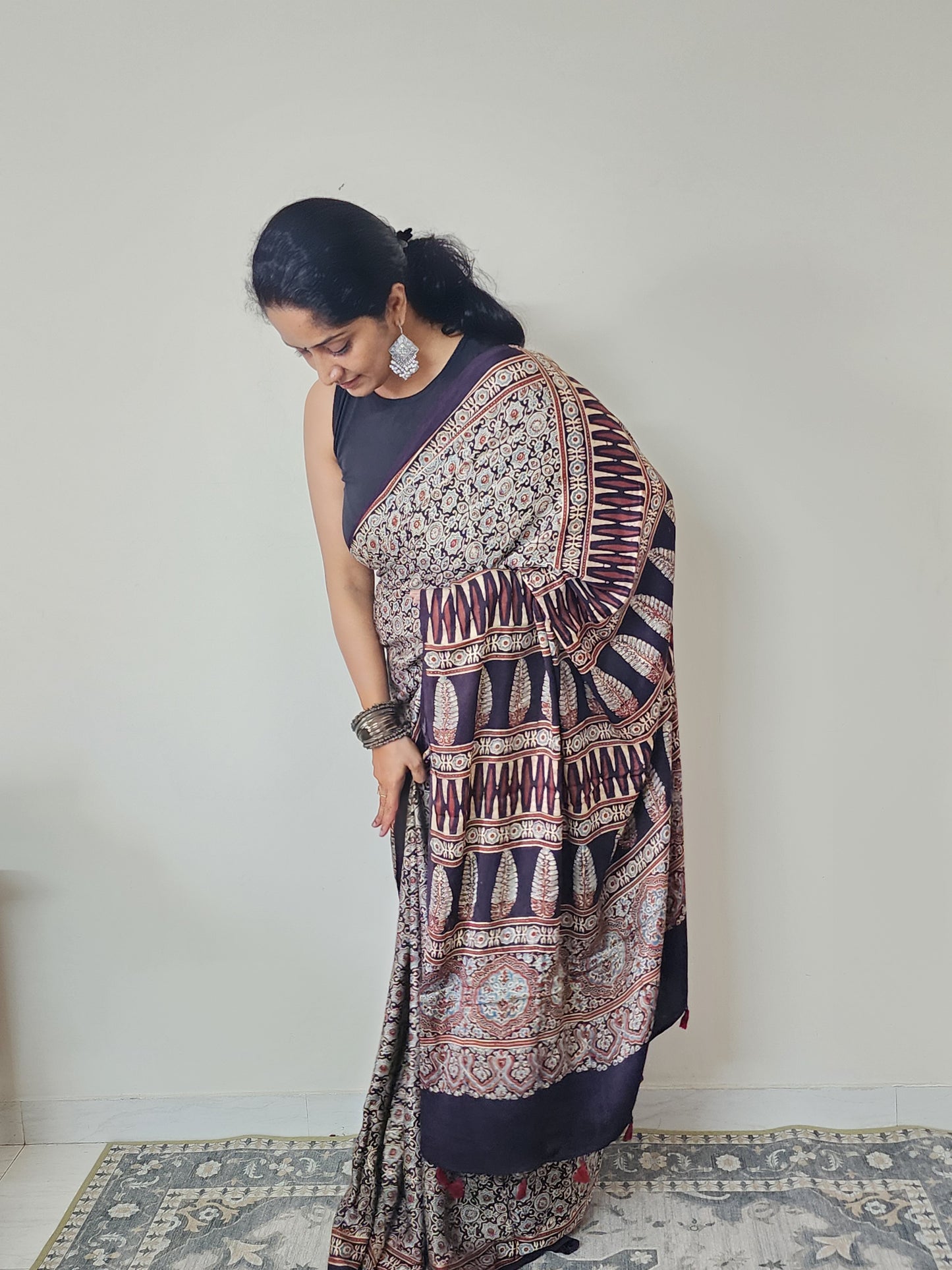 Ajrakh Modal saree (Black and white)