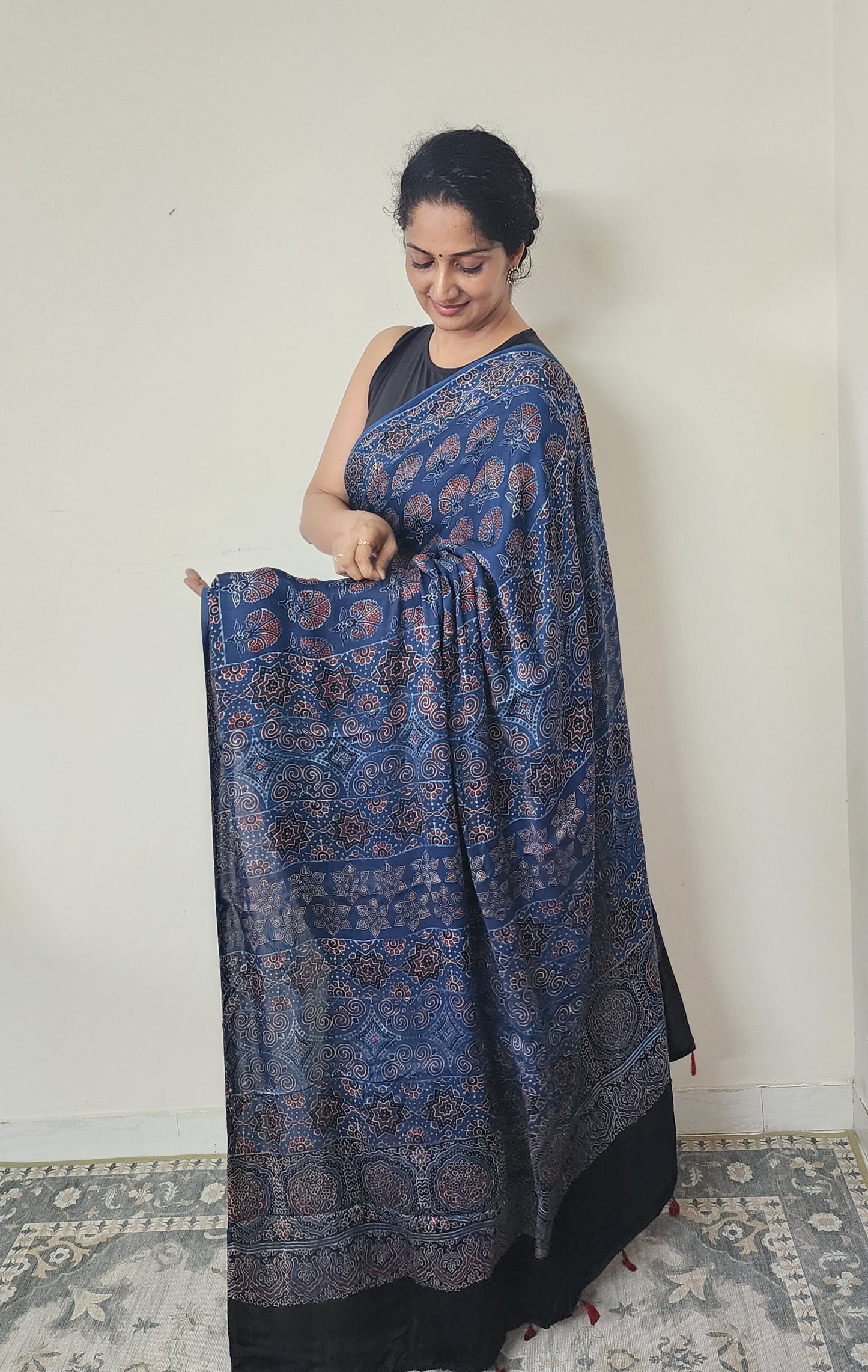 Ajrakh Modal saree (Blue and brick red)