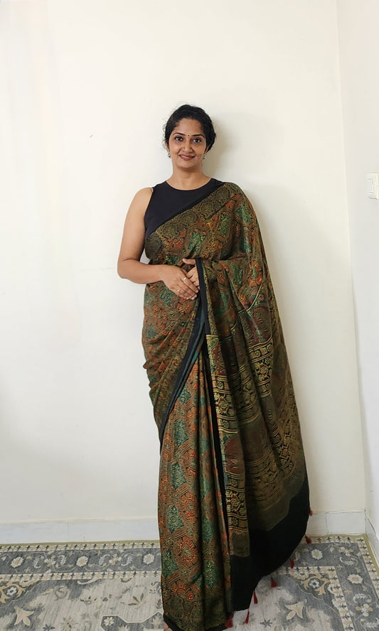 Ajrakh Modal saree (Green)