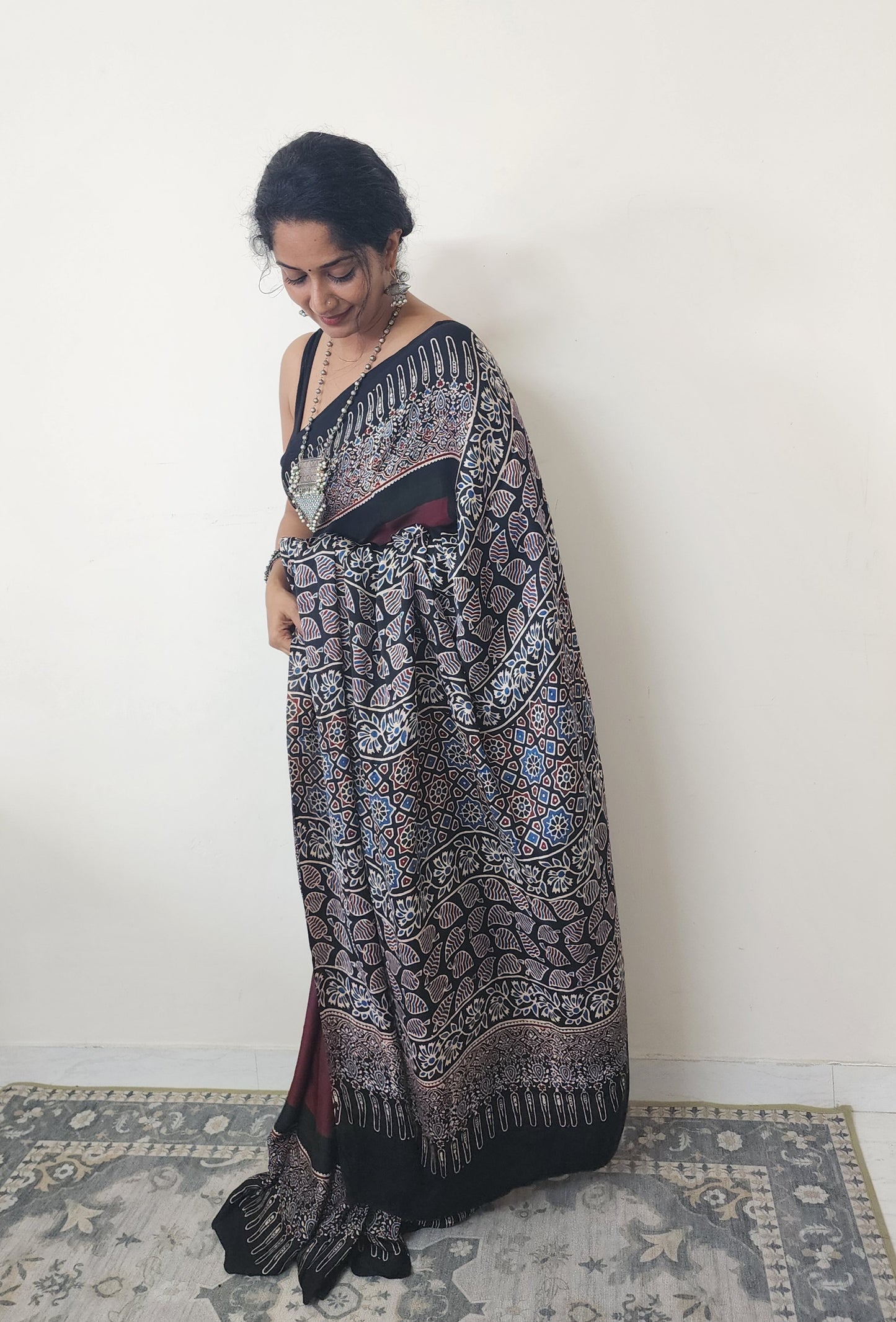 Plain Ajrakh Modal saree (Maroon and Black)