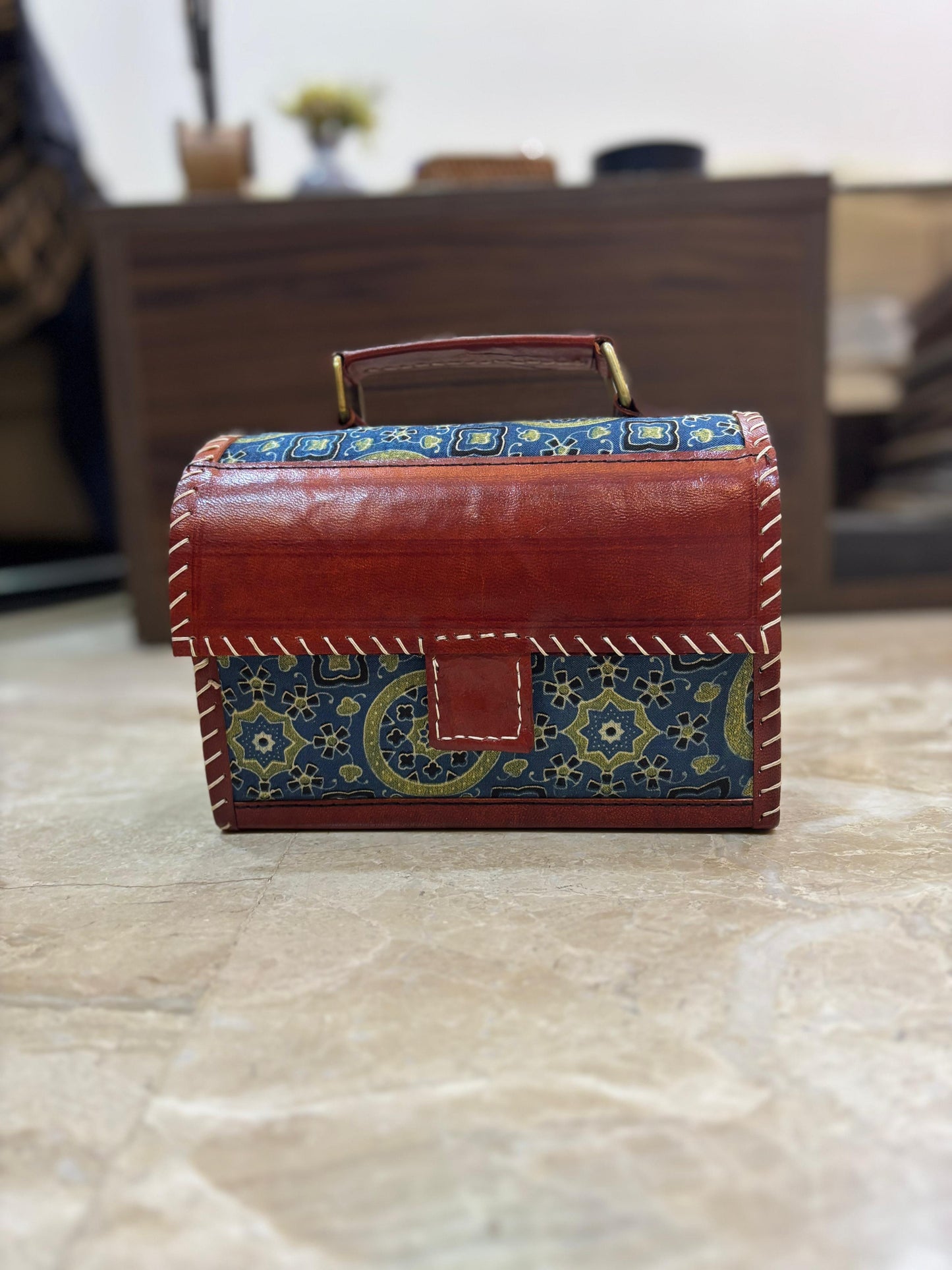 Ajrakh leather sling bag (blue)