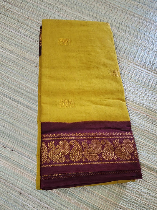 Madurai Sungudi saree (Yellow and dark maroon border)