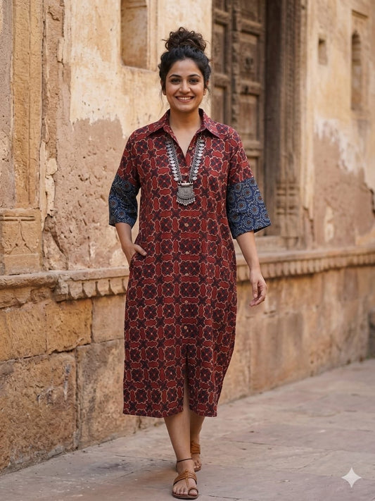 Ajrakh cotton shirt dress