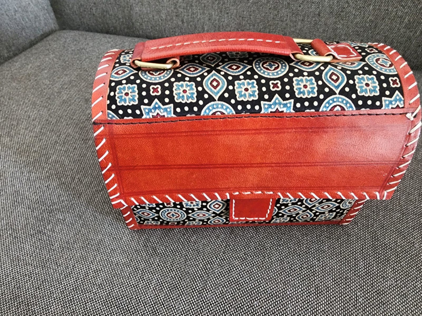 Ajrakh leather sling bag