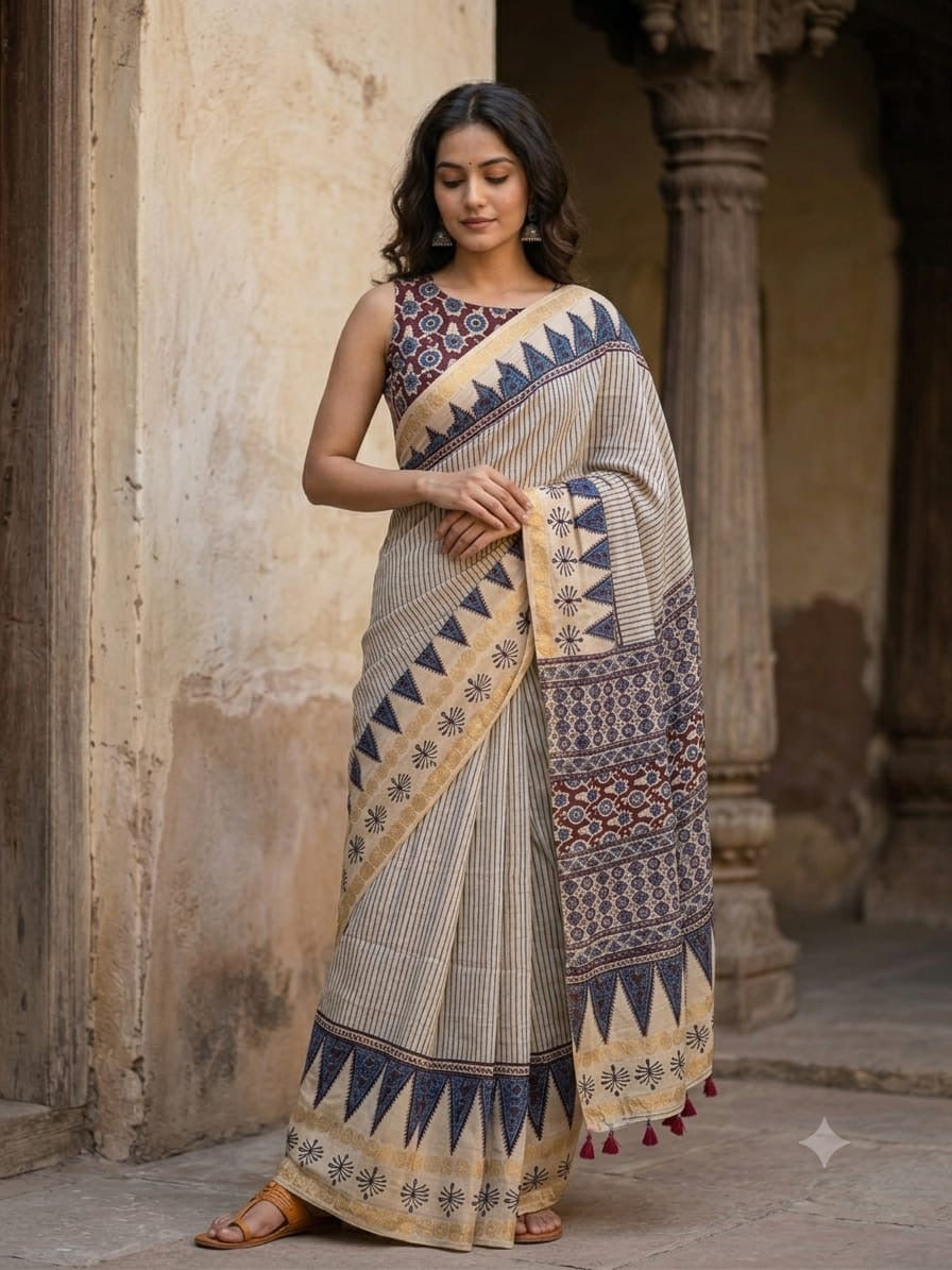 Madurai Cotton Ajrakh saree (Beige)