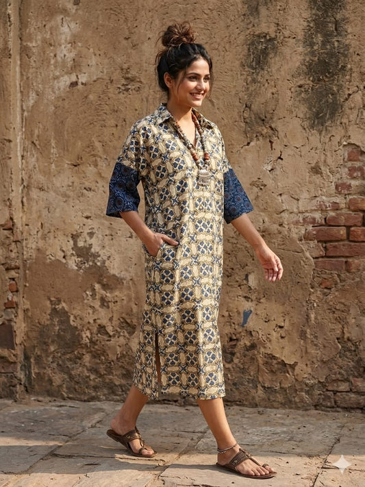 Ajrakh cotton shirt dress