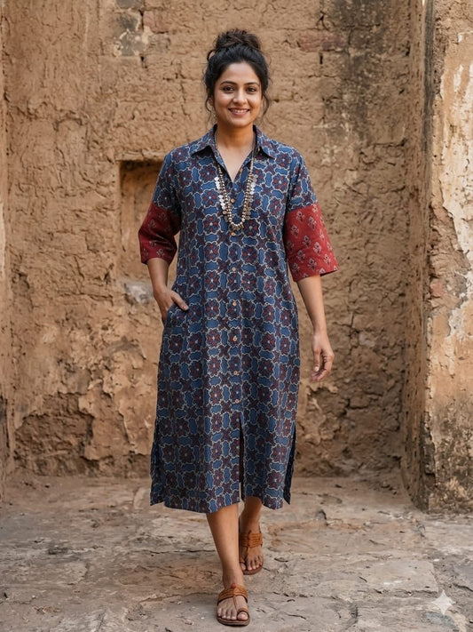 Ajrakh cotton shirt dress