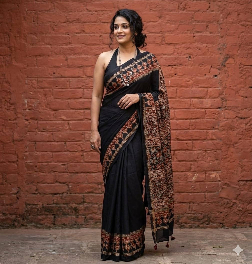 Ajrakh Modal saree (Black)