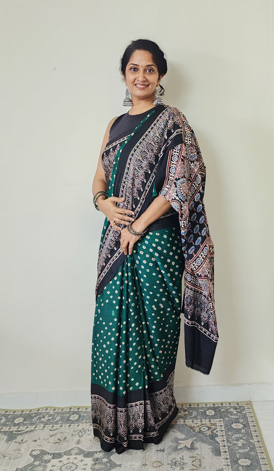 Bandhani Ajrakh saree (Green and black)