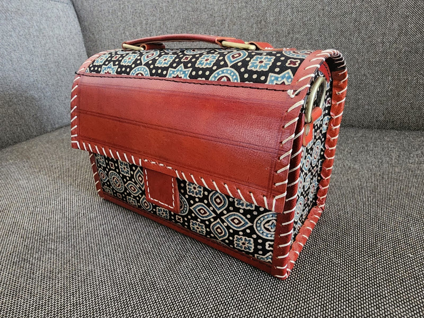 Ajrakh leather sling bag